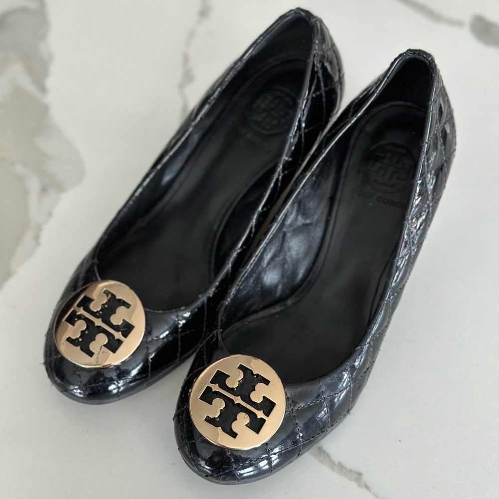 Tory Burch Black Leather Quilted Wedge Pumps